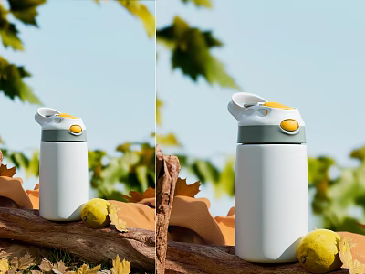 Stylish White Insulated Cup with Yellow Accent Lid Among Green Leaves and Lemon 3d model