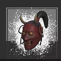 Red Demon Mask With Black Horns Yellow Eyes And Sharp Teeth Surrounded By White Splatters