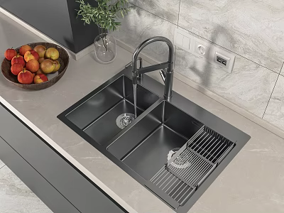 Black Stainless Steel Kitchen Sink with Faucet and Drainer Rack on Light Countertop 3d model