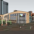 Traditional Commercial Street With Plaza Greenery Outdoor Seating And Pedestrian Walkways