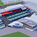 Modern Bus Station Exterior With Curved Roof Red And White Facade And Palm Trees