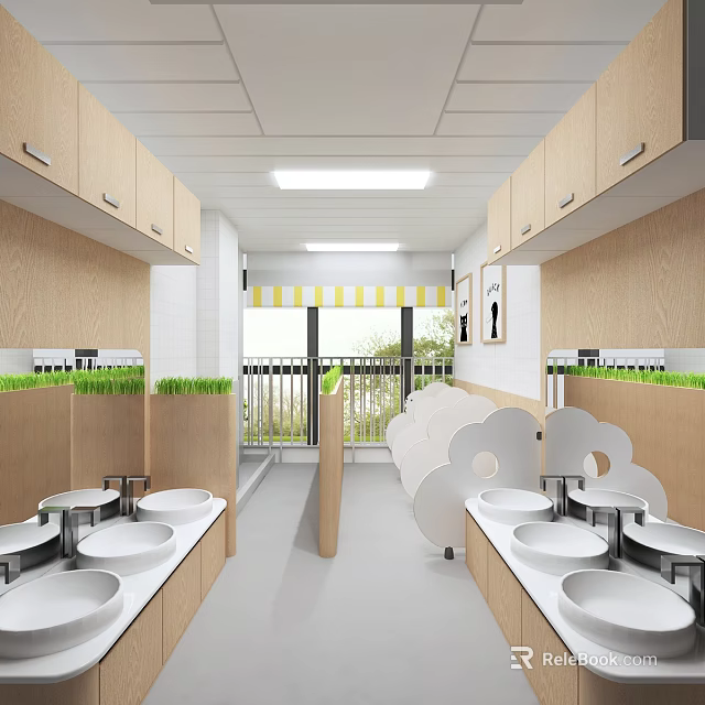 Public Restroom Clean Interior With Wooden Cabinets White Sinks Green Plants And Queuing Area 3d model 