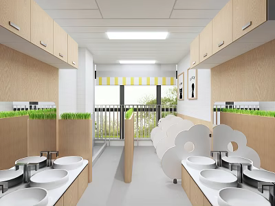 Public Restroom Clean Interior With Wooden Cabinets White Sinks Green Plants And Queuing Area 3d model