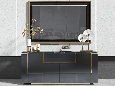 Sleek Modern Black TV Stand With Gold Accents Vase Decorative Items And Table Lamp 3d model