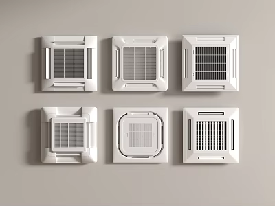Six White Air Conditioning Fans With Different Grille Designs Arranged On Light Gray Background 3d model