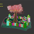 Scenic View With Pink Cherry Blossom Tree Blue Roof Pavilions Green Grass And Wooden Fence