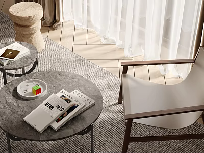 Modern Coffee Table With Magazines And Plate On Soft Rug Near Chair And Curtains 3d model