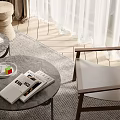 Modern Coffee Table With Magazines And Plate On Soft Rug Near Chair And Curtains