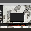 Modern TV Wall Design with Marble Texture Built-in TV and Fireplace Wooden Panels