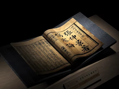 Ancient Chinese Book With Open Pages And Traditional Text On Display Stand 3d model