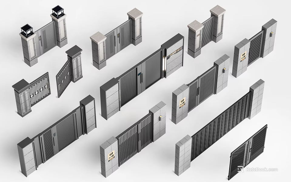 Various Modern Entrance Gates Featuring Stone Pillars And Metal Frame Designs 3d model 