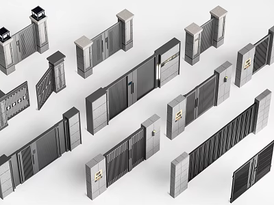 Various Modern Entrance Gates Featuring Stone Pillars And Metal Frame Designs 3d model