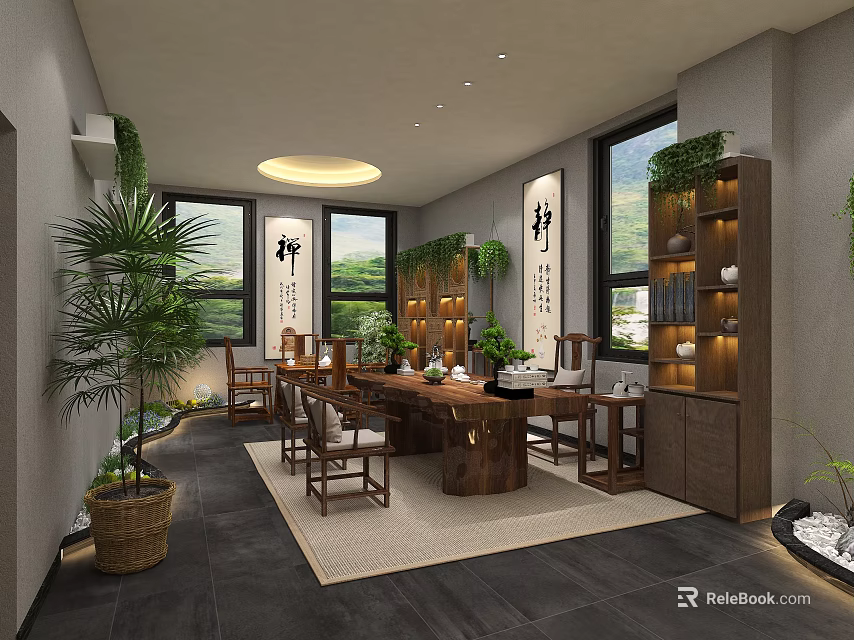 Traditional Cultural Center Interior With Wooden Furniture Calligraphy Paintings And Green Plants 3d model 