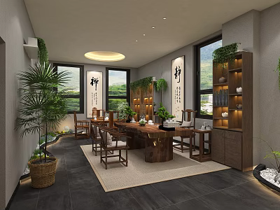 Traditional Cultural Center Interior With Wooden Furniture Calligraphy Paintings And Green Plants 3d model