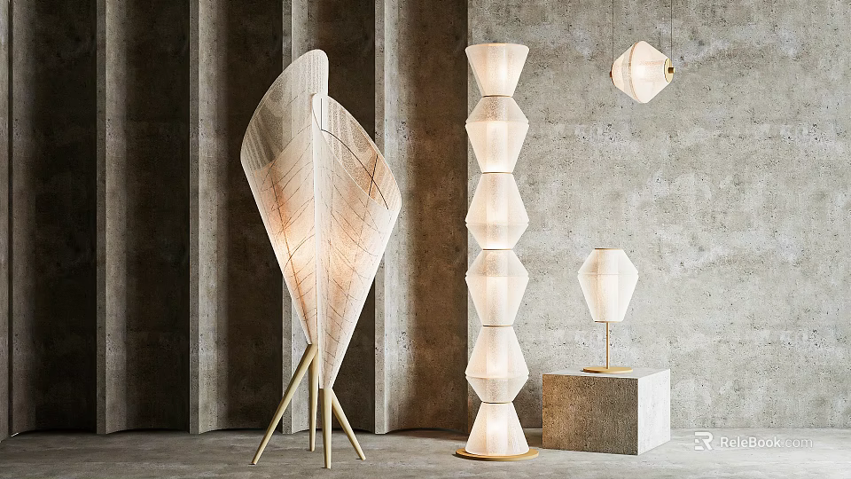 Modern Floor Lamp Designs With Wooden Shade Geometric Shape And Metal Base 3d model 
