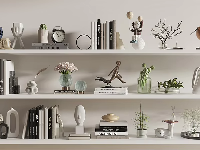 Decorative Ornament Set on Shelf with Books Vases Plants Sculptures and Clock 3d model