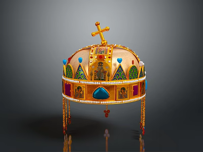 Golden Decorative Crown With Cross Top Colored Gemstones And Religious Portraits Tassels 3d model
