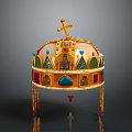 Golden Decorative Crown With Cross Top Colored Gemstones And Religious Portraits Tassels