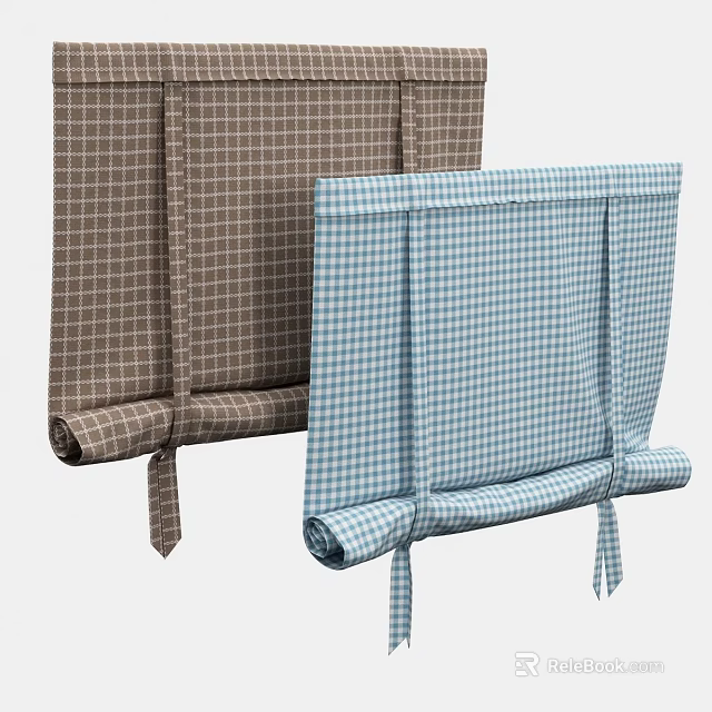 Stylish Checkered Roller Blinds in Brown and Blue for Window Decoration 3d model 