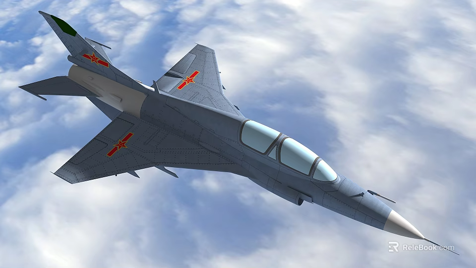 Gray Fighter Jet Flying in Cloudy Sky with Red Emblems and Transparent Cockpit 3d model 
