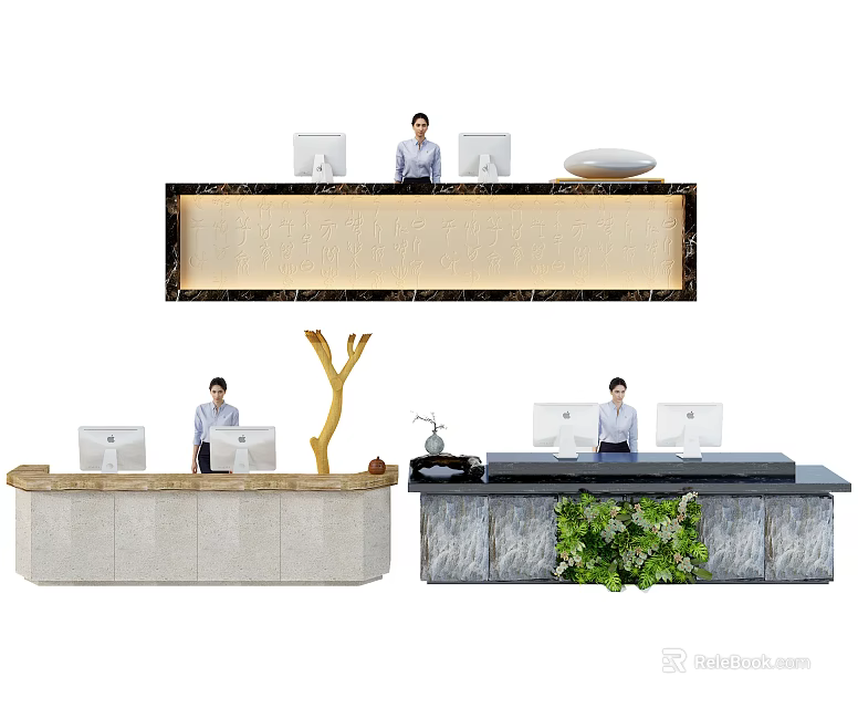 Modern Reception Desk Designs With Marble Countertop Computer Monitors And Decorative Plants 3d model 