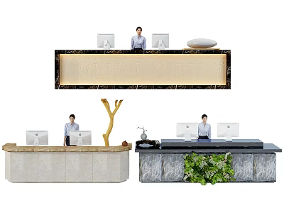 Modern Reception Desk Designs With Marble Countertop Computer Monitors And Decorative Plants 3d model