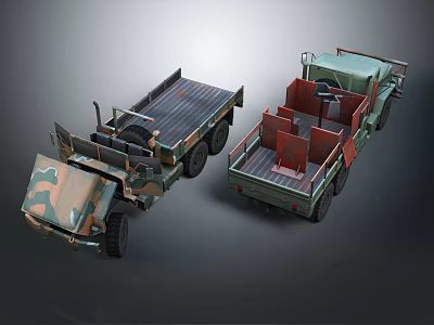Two Military Trucks Camouflage And Green Open Cargo Bed 3D Rendering 3d model