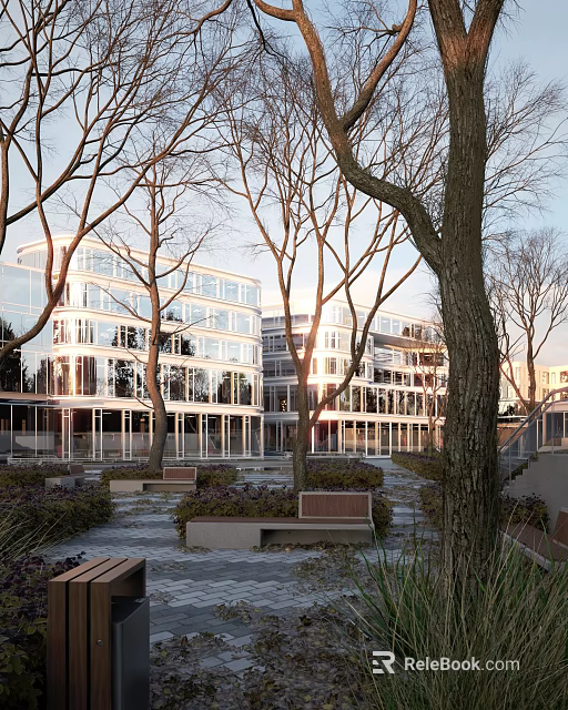 Modern Office Building Exterior With Glass Facades Trees Courtyard Benches And Landscaping 3d model 