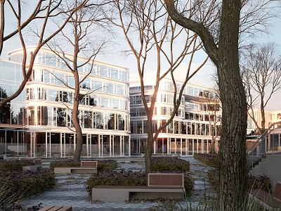 Modern Office Building Exterior With Glass Facades Trees Courtyard Benches And Landscaping 3d model