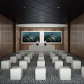 Modern Conference Room With Large Tech Interface Screen And White Cube Seats