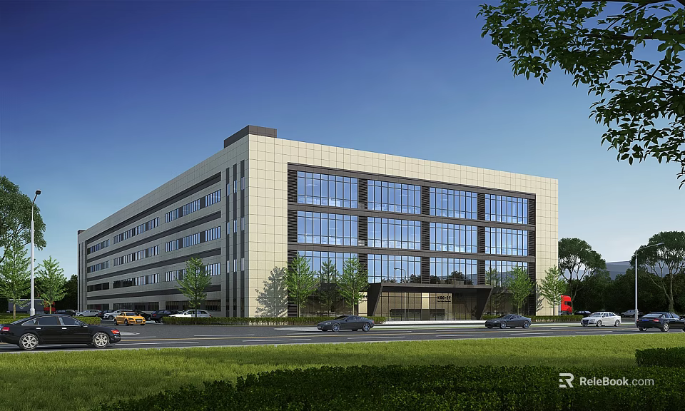 Modern Industrial Factory Building With Large Glass Windows And Green Landscaping 3d model 