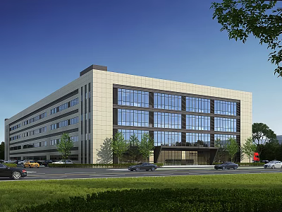 Modern Industrial Factory Building With Large Glass Windows And Green Landscaping 3d model