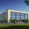 Modern Industrial Factory Building With Large Glass Windows And Green Landscaping