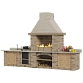 Kitchen Interior Featuring Brick Fireplace With Burning Fire Sink Cabinets And Wine Bottles 3d model