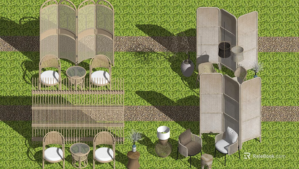 Modern Wicker Room Dividers In Outdoor Setting With Green Grass And Wooden Furniture 3d model 