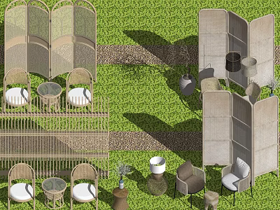 Modern Wicker Room Dividers In Outdoor Setting With Green Grass And Wooden Furniture 3d model