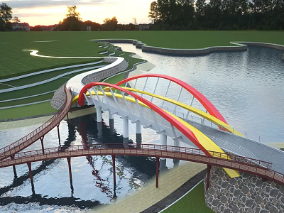 Modern Arch Bridge With Red Yellow Curves Over Waterfront Green Landscape 3d model