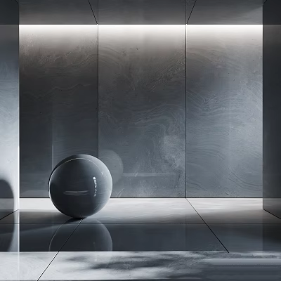 Architectural Component Featuring Gray Sphere Against Smooth Reflective Floor And Gray Walls 3d model