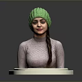 Woman wearing green knitted hat brown turtleneck with braid on white hexagonal base gray background