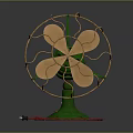 Vintage Computer Cooling Fan With Green Base Gold Metal Frame Wooden Blades And Red Wire
