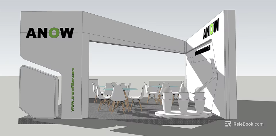 ANOW Exhibition Booth Interior With Tables Chairs And Expo Display Setup 3d model 