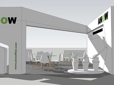 ANOW Exhibition Booth Interior With Tables Chairs And Expo Display Setup 3d model