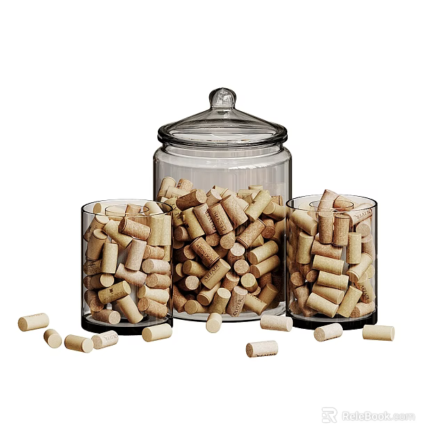 Clear Glass Jars Filled With Cork Stoppers And Scattered Cork Pieces On White Background 3d model 