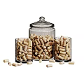 Clear Glass Jars Filled With Cork Stoppers And Scattered Cork Pieces On White Background