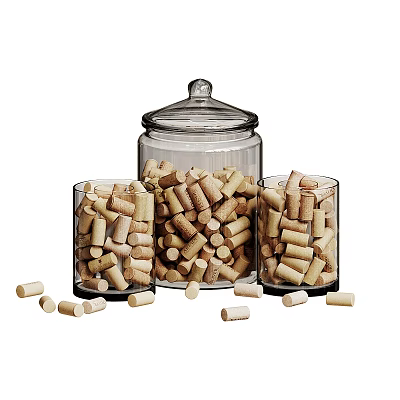 Clear Glass Jars Filled With Cork Stoppers And Scattered Cork Pieces On White Background 3d model