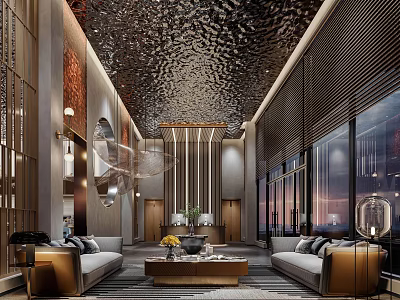 Modern Restaurant Interior Design With Textured Ceiling Sofas Coffee Table And Large Windows 3d model