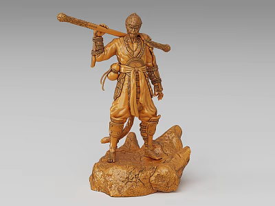 Detailed Brown Wooden Warrior Sculpture Carving Holding Long Staff On Rock Base 3d model