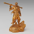 Detailed Brown Wooden Warrior Sculpture Carving Holding Long Staff On Rock Base