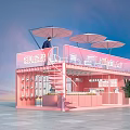 Pink Container Building with Open Design Outdoor Umbrellas Staircase Green Plants and Interior