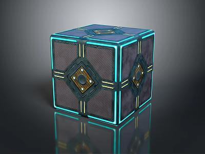Futuristic Tech Cube Design With Blue Glowing Lines Gold Accents And Mesh Surface 3d model